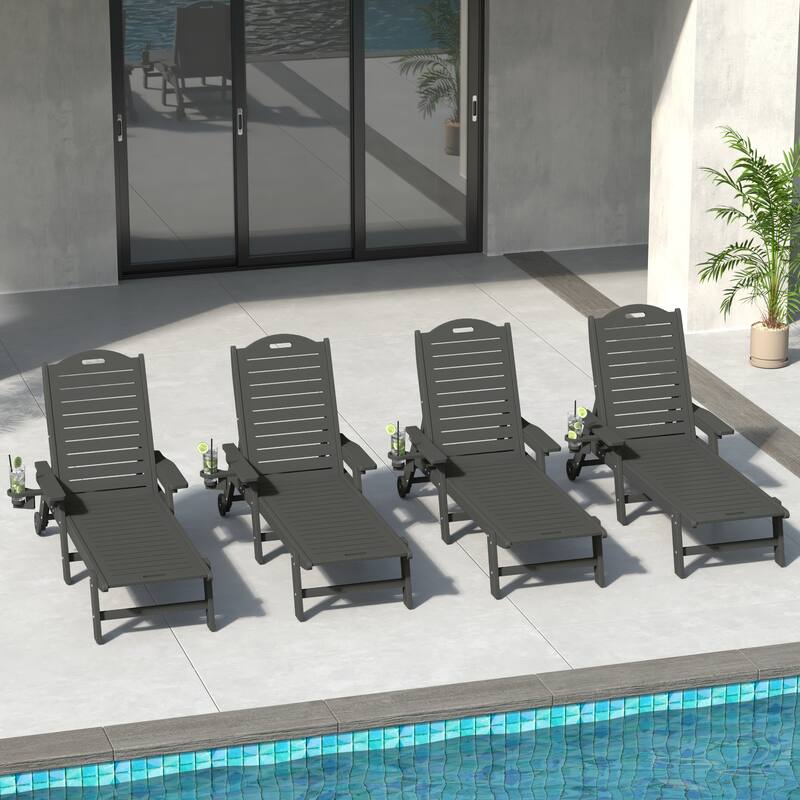Brighton Outdoor Poly Reclining Chaise Lounge with Wheels & Cup Holder (Set of 4)