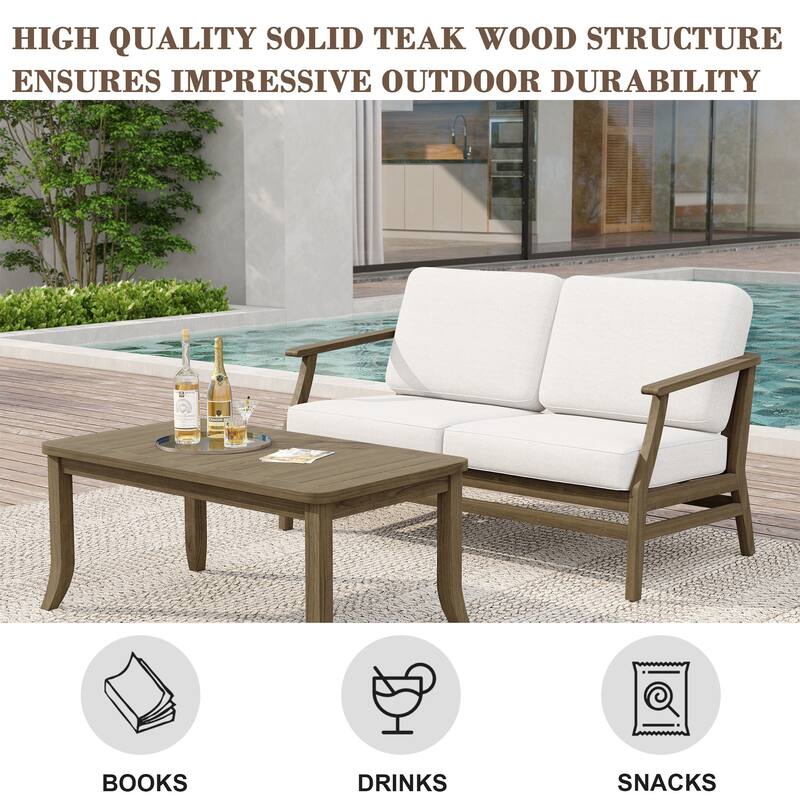 Teak Wood Patio Outdoor Loveseat Sofa and Coffee Table Set