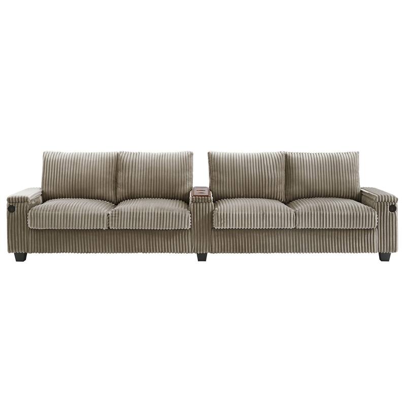 133" Corduroy 4-Seater Sofa with USB Ports, Flip-Top Cup Holders, and Hidden Storage