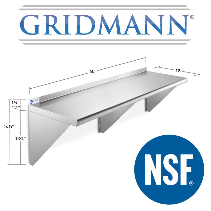 60 x 18in NSF Stainless Steel WallMount Shelf - 18" x 60"