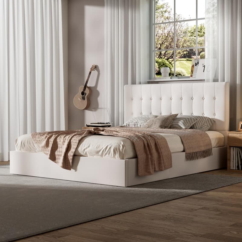 Plywood Frame Upholstered Platform Bed with Lift-up Storage - White - Full