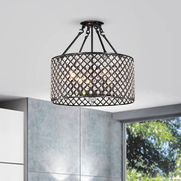 slide 2 of 14, Antique Black 4-Light Beaded Drum Crystal Semi Flush Mount