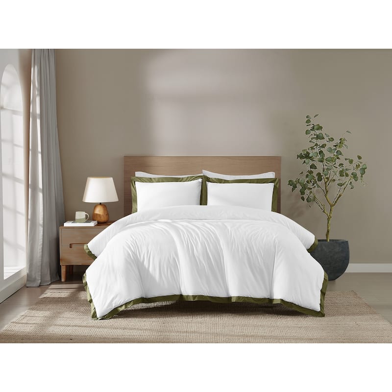 Brooklyn Loom Cotton Hotel Border 3 Piece Comforter Set - Full - Queen - White/Green