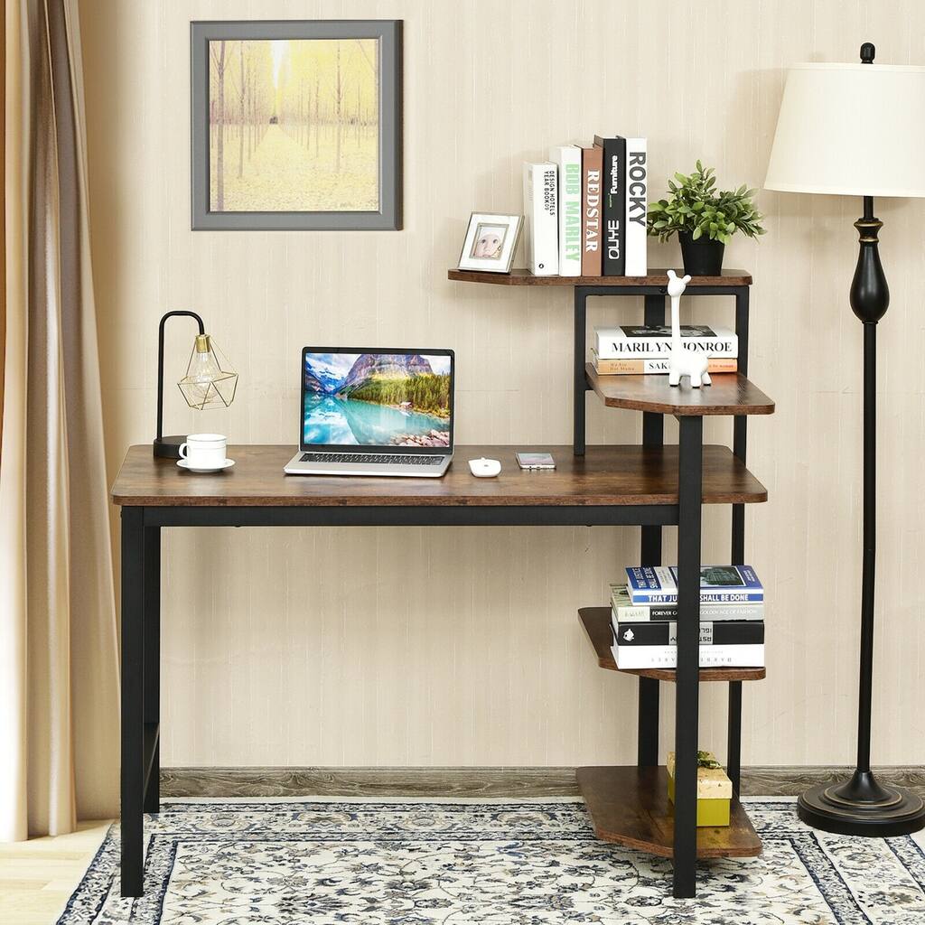 Computer Desk Writing Study Table with Storage Shelves Home Office Rustic Brown