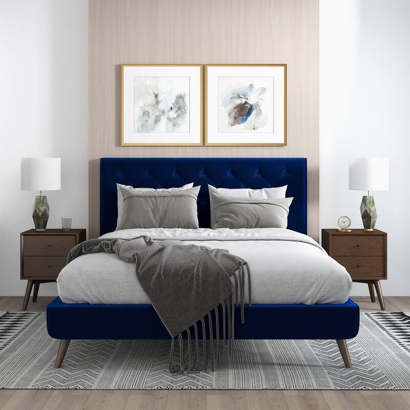 Queen Size Velvet Mid-Century Platform Bed with Tufted Headboard and Solid Wood Frame