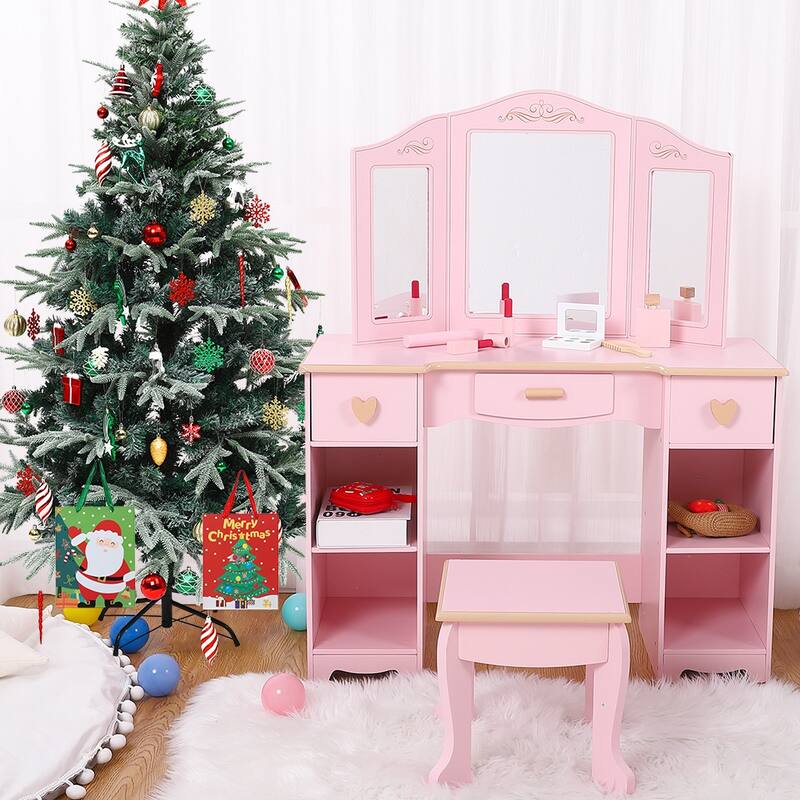 Kids 3 Drawer Wooden Dressing Table Round Mirror with Lights Stool