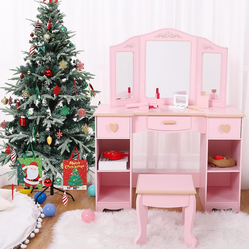Vanity Table and Chair Set, Kids Makeup Dressing Table