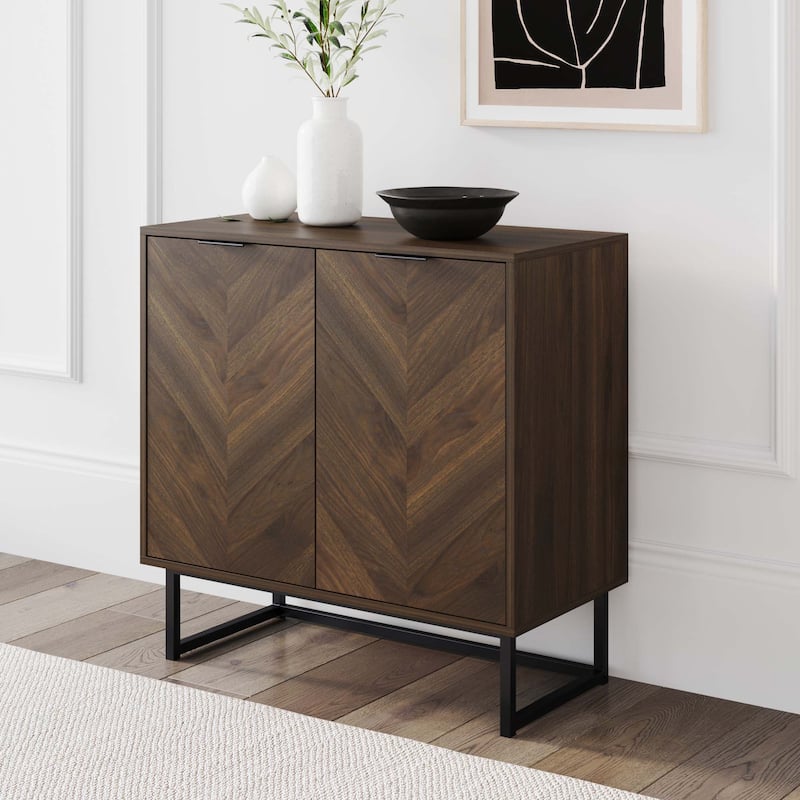 Nathan James Enloe Rustic Doors Metal Base Free Standing Modern Storage Cabinet for Entryway - Walnut/Black