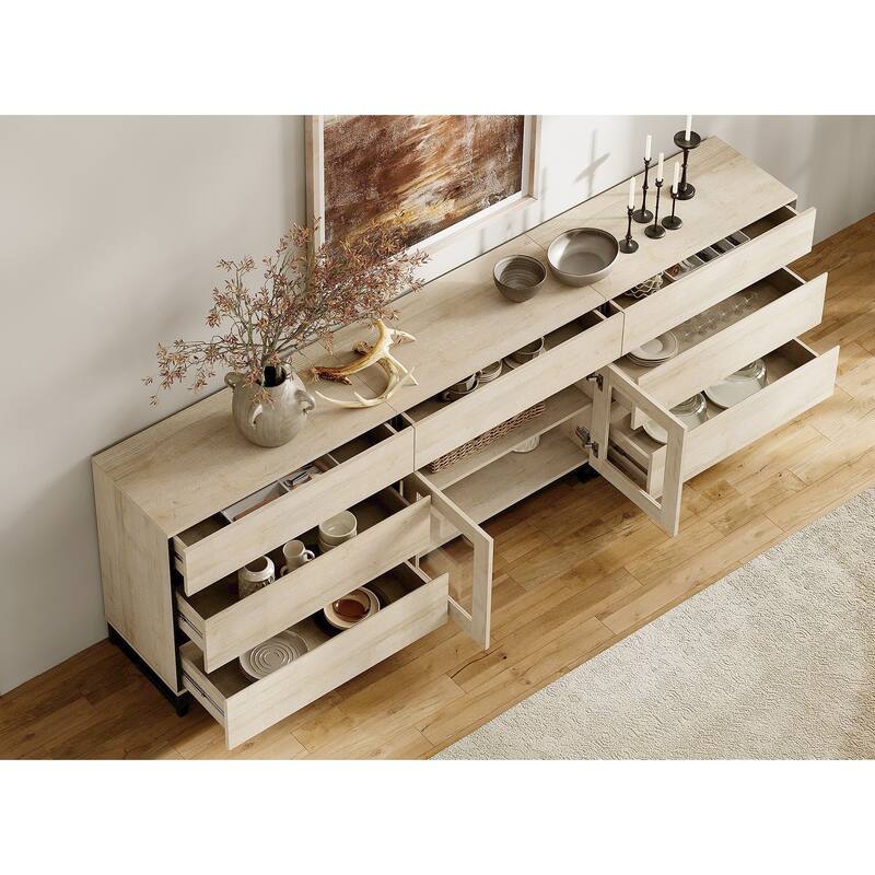 WAMPAT 3 in 1 Sideboard Buffet Cabinets with Glass Doors and 7 Drawers, Coffee Bar Cabinet Storage Cabinet for Kitchen