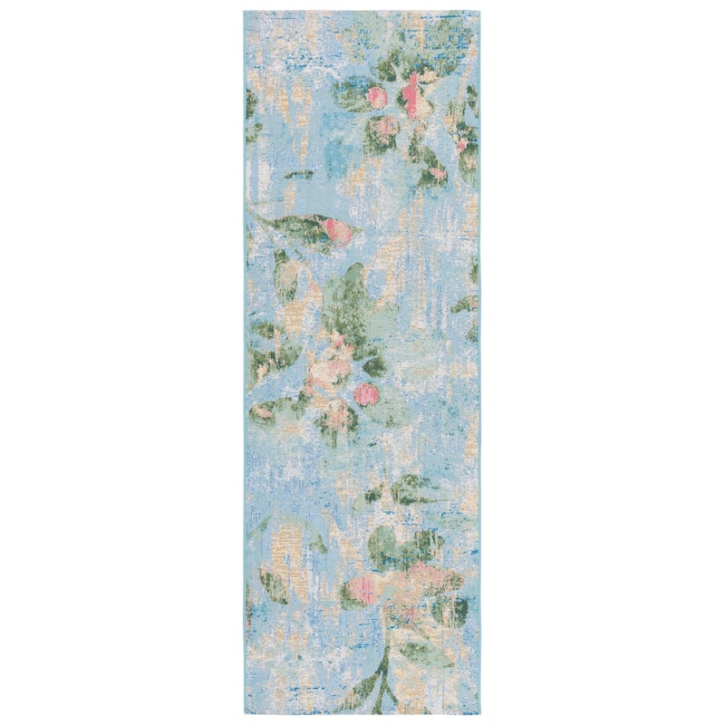 SAFAVIEH Barbados Juhi Floral Distressed Rug - 2'8" x 10'5" Runner - Light Blue/Green