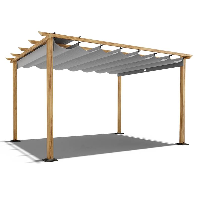 10 ft. x 13 ft. Wood Grain Aluminum Outdoor Pergola with Retractable Shade Canopy