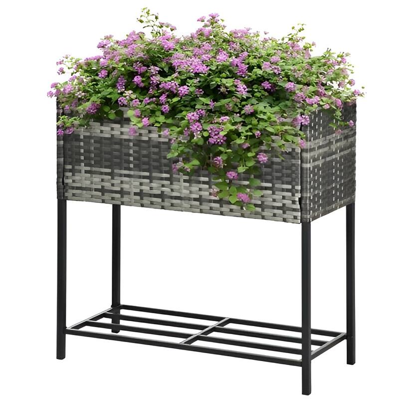 Rattan Steel Elevated Raised Planter Box with Storage Shelf - 27.5" L x 11.75" W x 27.5" H - Grey