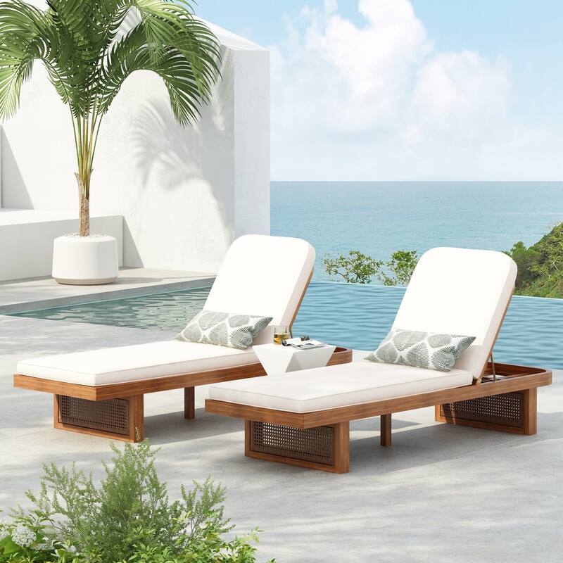 Christopher Knight Home - Modern Outdoor Solid Acacia Wood Lounge Chair Set with Adjustable Recline and Side Table - 80.50"L - 3-Piece Set+Teak Finish+Beige Cushion