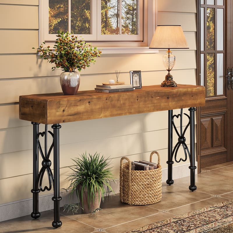 55" Farmhouse Console Table with Solid Wood Tabletop for Entryway