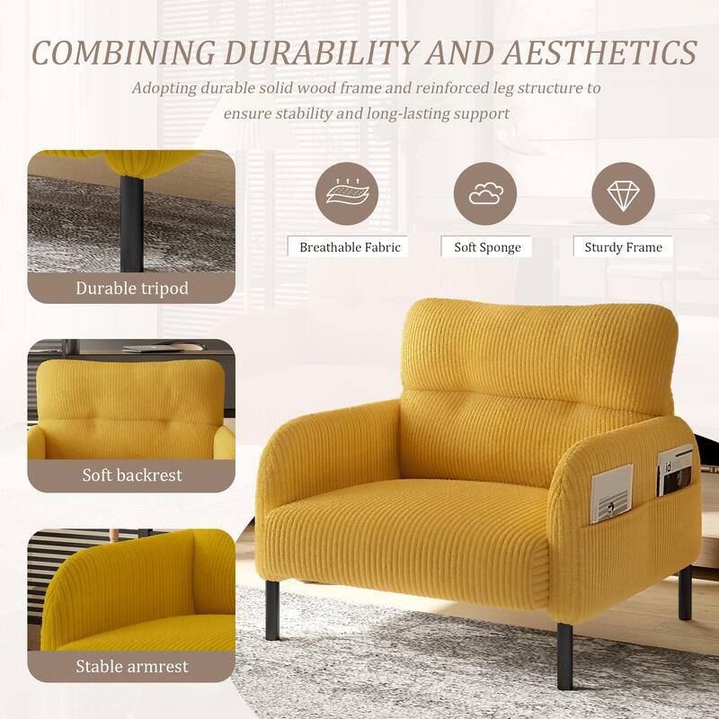 Corduroy Upholstered Single Sofa Chair, Lounge Reading Chair with Side Pockets, Armchair with Solid Wood Frame