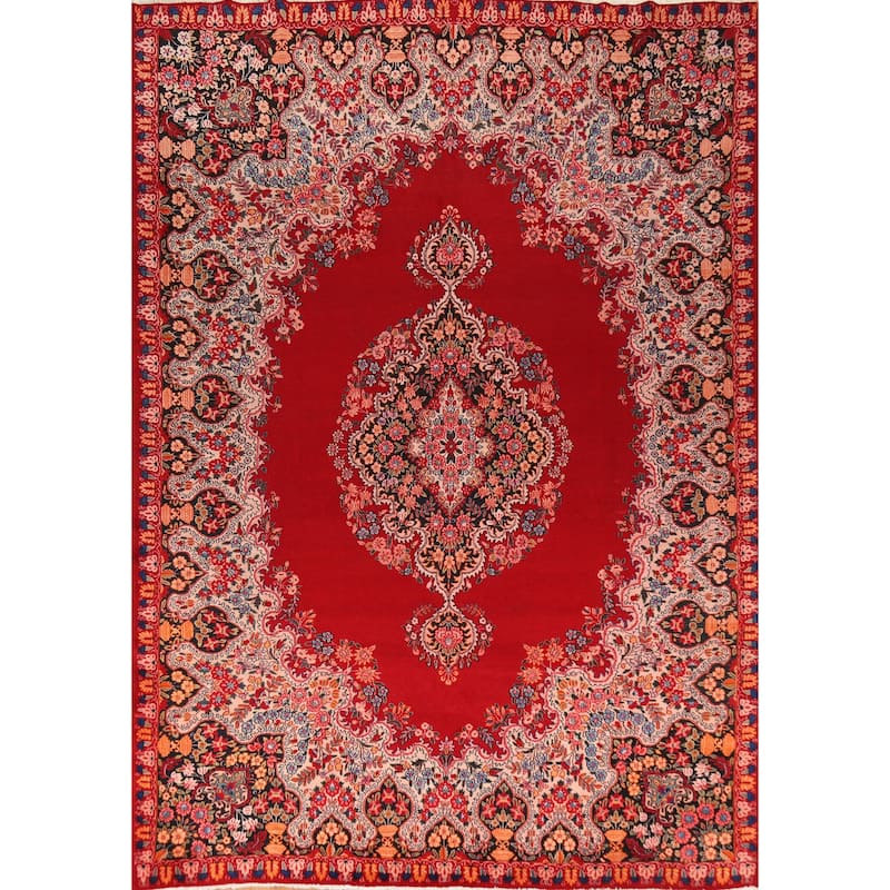 Red Medallion Kerman Persian Vintage Area Rug Handmade Wool Carpet - 9'2"x 12'8"