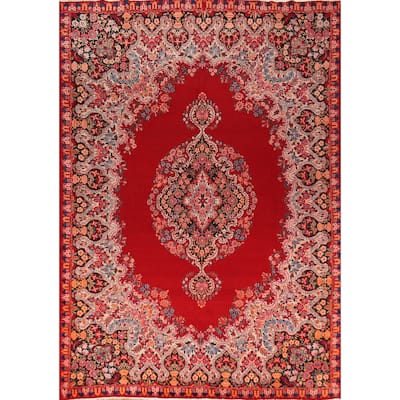 Red Medallion Kerman Persian Vintage Area Rug Handmade Wool Carpet - 9'2"x 12'8"