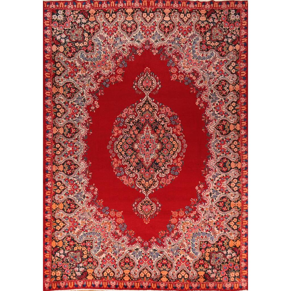Red Medallion Kerman Persian Vintage Area Rug Handmade Wool Carpet - 9'2"x 12'8"