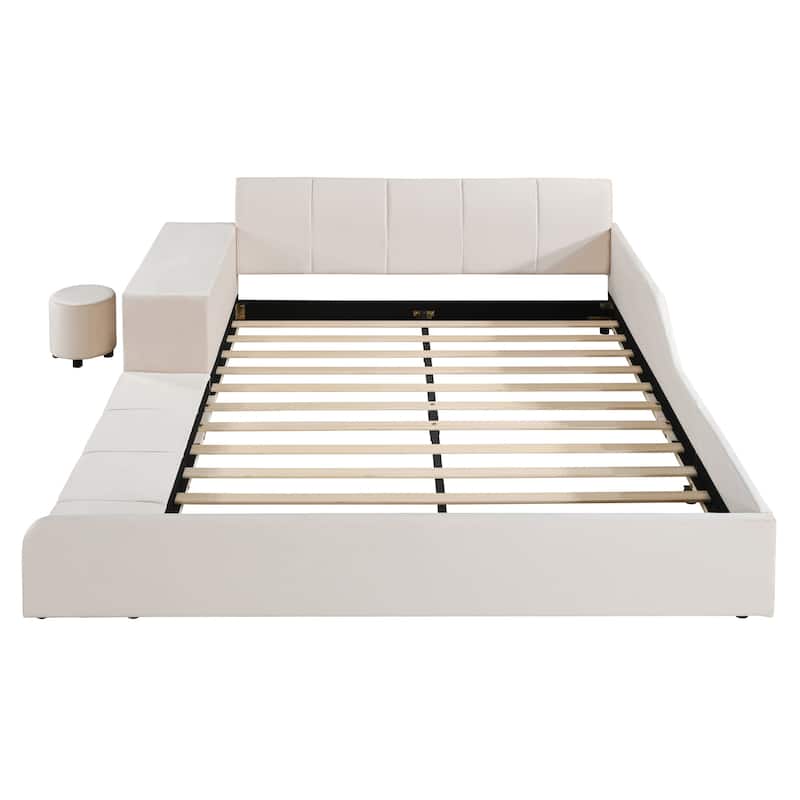 Queen Size Upholstered Grounded Bed, Mother & Child Bed with Bedside Desk and Little Round Stool, Velvet, Beige