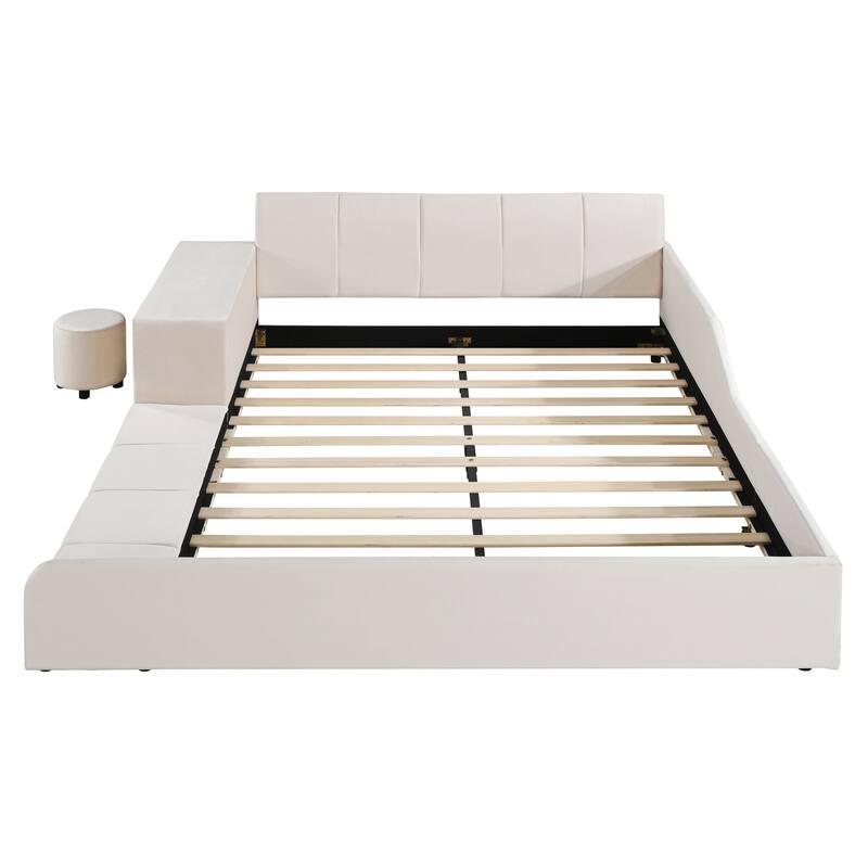 Queen Size Upholstered Grounded Bed, Mother & Child Bed with Bedside Desk and Little Round Stool, Velvet