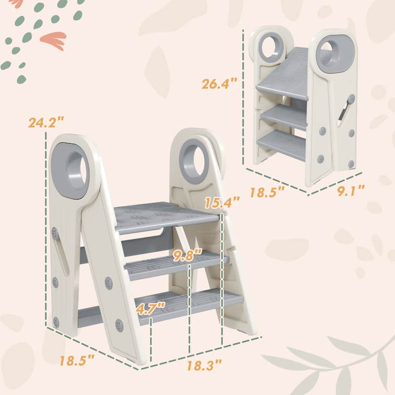 Foldable Kids Step Stool with 2-3 Adjustable Steps for Bathroom Kitchen or Bedroom - 18.3" L x 18.5" W x 24.2" H
