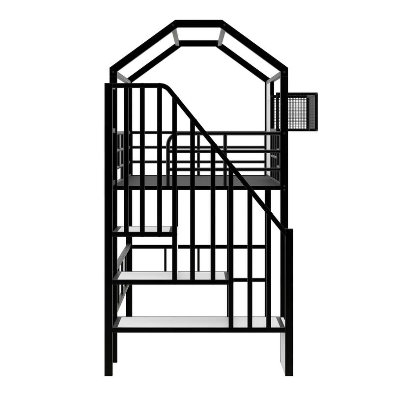 Metal Loft Bed for Kids with Roof Design, Storage Box, and Guardrails - Twin Size, Perfect for Small Spaces