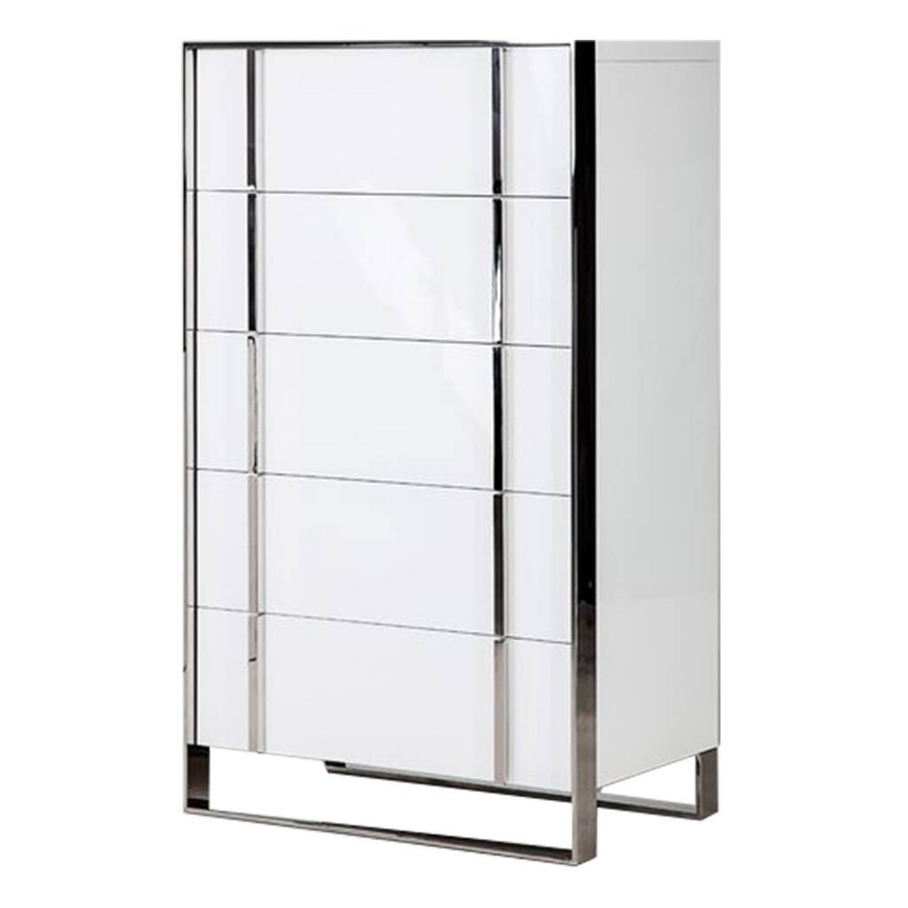 Noe 55 Inch Tall Dresser Chest, Stainless Steel Handles, Glossy White