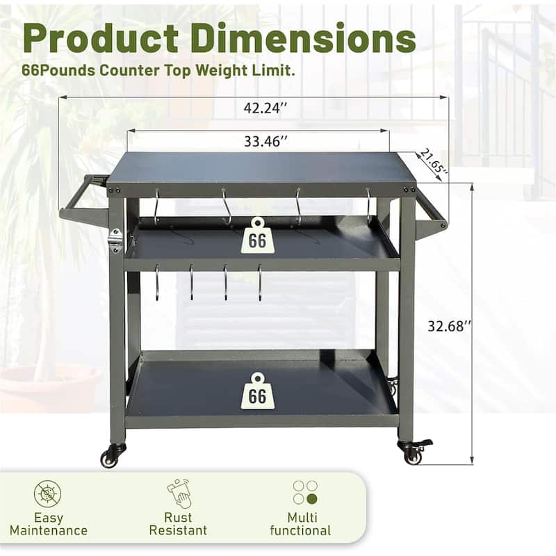 GDFStudio - Kendrick 3-Tier Outdoor Grill Table with Rolling Wheels and Multifunctional Prep Surface
