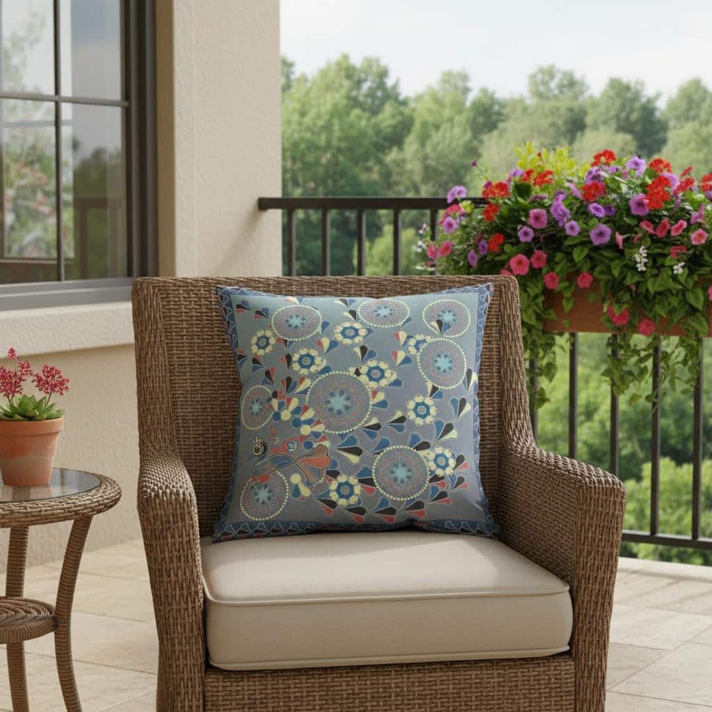 HomeRoots 26" x 26" Blue and Gray Peacock Blown Seam Floral Indoor Outdoor Throw Pillow - 26.00' X '5.00' X '26.00