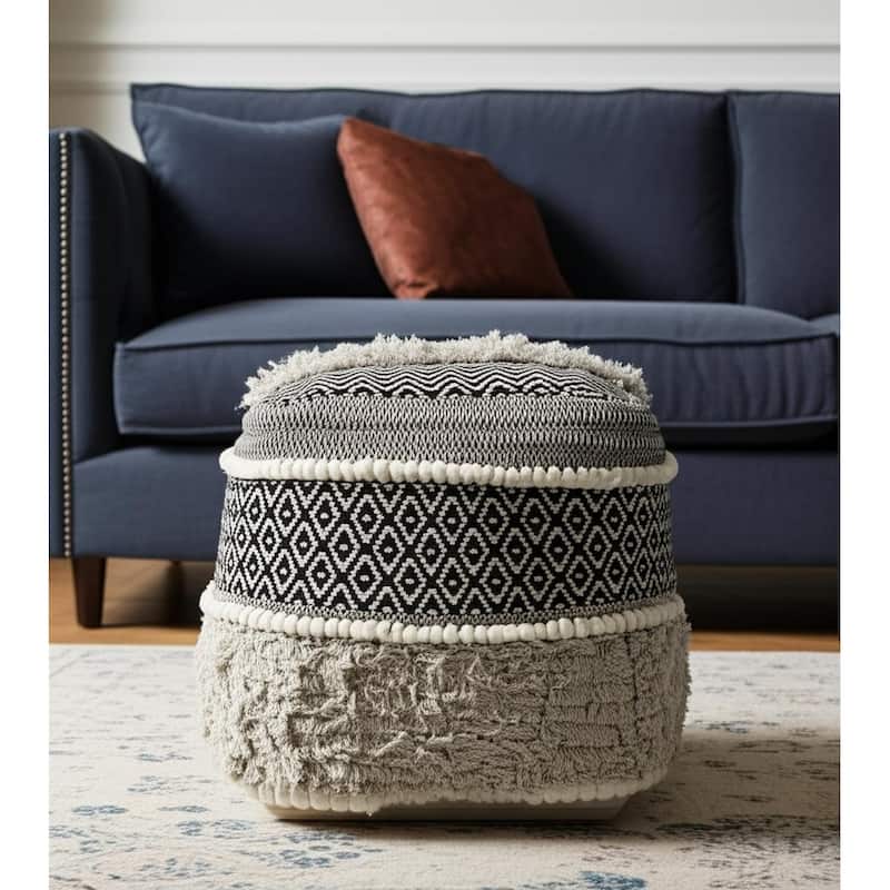 HomeRoots 16" Black Gray and White Cotton Geometric Pouf Ottoman - White/Black/Gray - 16.00 in. x 16.00 in.  x 16.00 in.