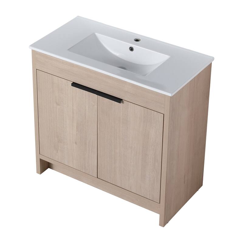 Freestanding Plywood Bathroom Vanity Set in Plain Light Oak with Integrated Sink