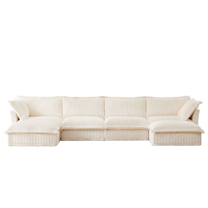 Modern 4 Seater Upholstered Sofa with 2 Ottomans and 2 Pillows - Cream