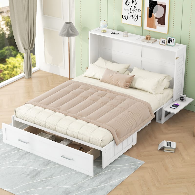 Queen Size Mobile Murphy Bed with Drawer and Little Shelves on Each Side