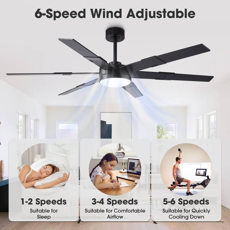 60 in.Smart Matte Black Integrated LED Dimmable Ceiling Fan with Light and Remote and APP Control