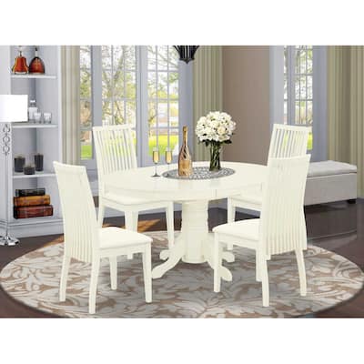 HomeStock 5-Piece Oval Linen White Finish Solid Wood Top Dining table with 4 Chairs with Butterfly Leaf Lattice Back