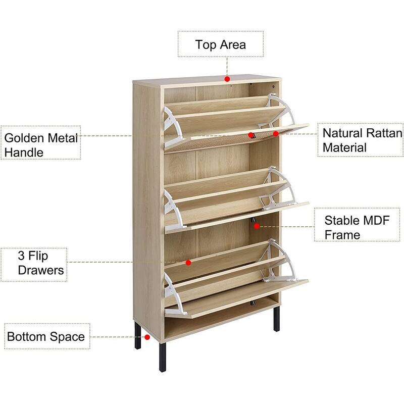 Boho Shoe Cabinet with 3 Rattan Flip Drawers, Free Standing Wood Entryway Shoe Rack, Hallway Shoe Organizer