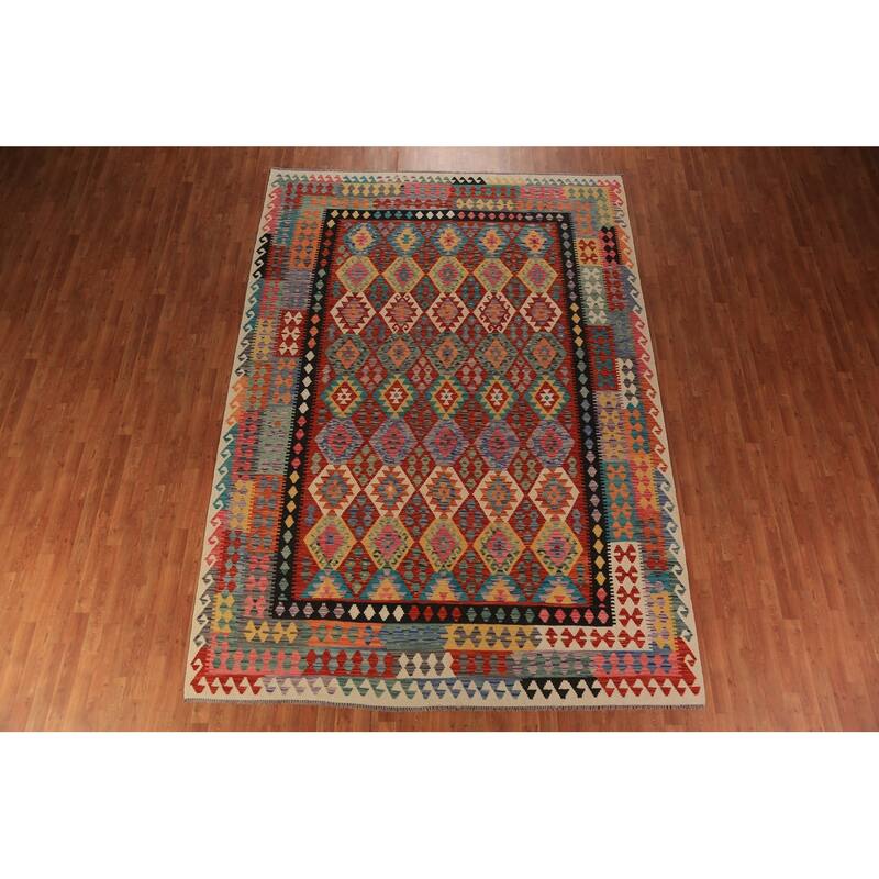 All-Over Kilim Oriental Area Rug Flatweave Orange Wool Carpet - 8'3"x 11'8"