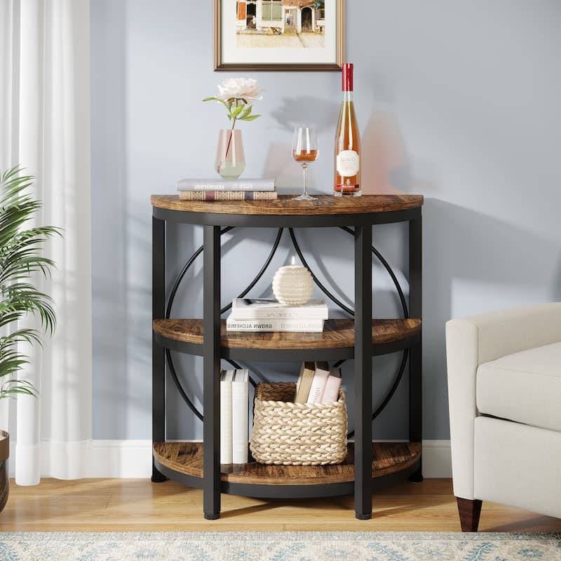 Half Round End Table, 3-Tier Half Side Table with Storage Shelves