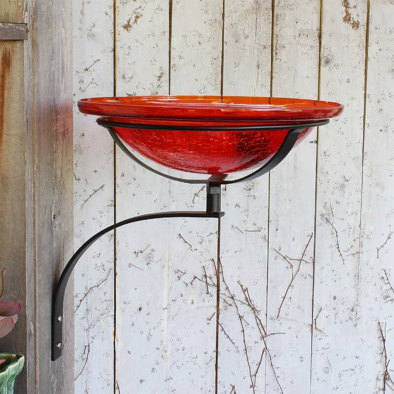 Achla Designs Reflective Crackle Glass Birdbath Bowl With Wall Mount Bracket, 12.5 Inch Diameter, Red