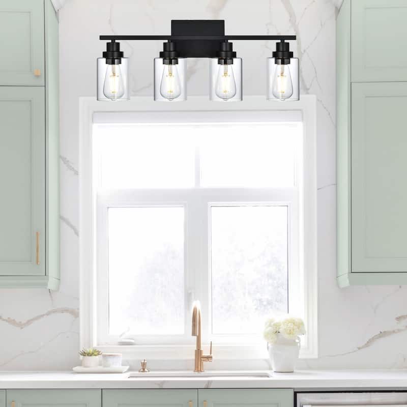 4-Light Wall Light Black Bathroom Vanity Lights, E26 Modern Bathroom Light Fixtures with Clear Glass Shade, Sconces Wall Lights