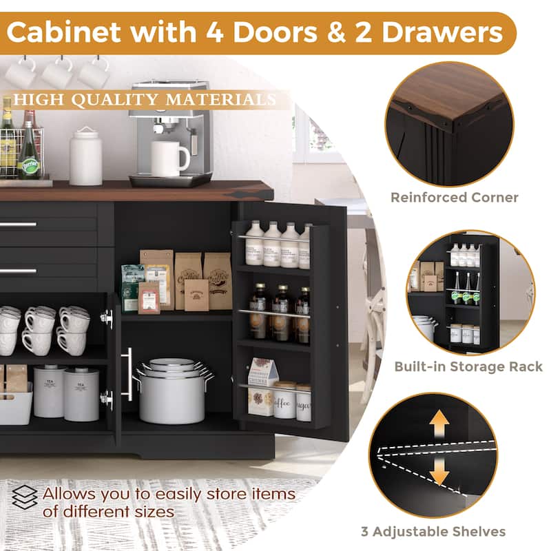 63" Barn Door Storage Cabinet with 2 Drawers & Door Rack, Large Buffet Table Coffee Bar Cabinets with Adjustable Shelves