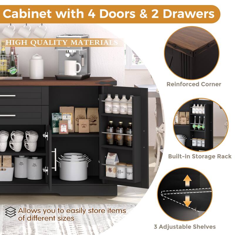 63"Farmhouse Barn Door Storage Cabinet with 2 Drawers & Door Rack, Large Buffet Bar Cabinets with Adjustable Shelves