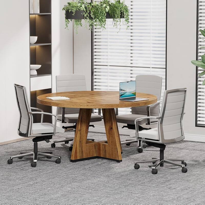 47" Round Conference Table Meeting Room Table with Thickened Top Wood Base Modern Training Desk for Conference/Seminar Room