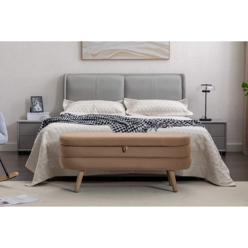 Velvet Fabric Storage Bench Bedroom Bench With Wood Legs For Living Room Bedroom Indoor