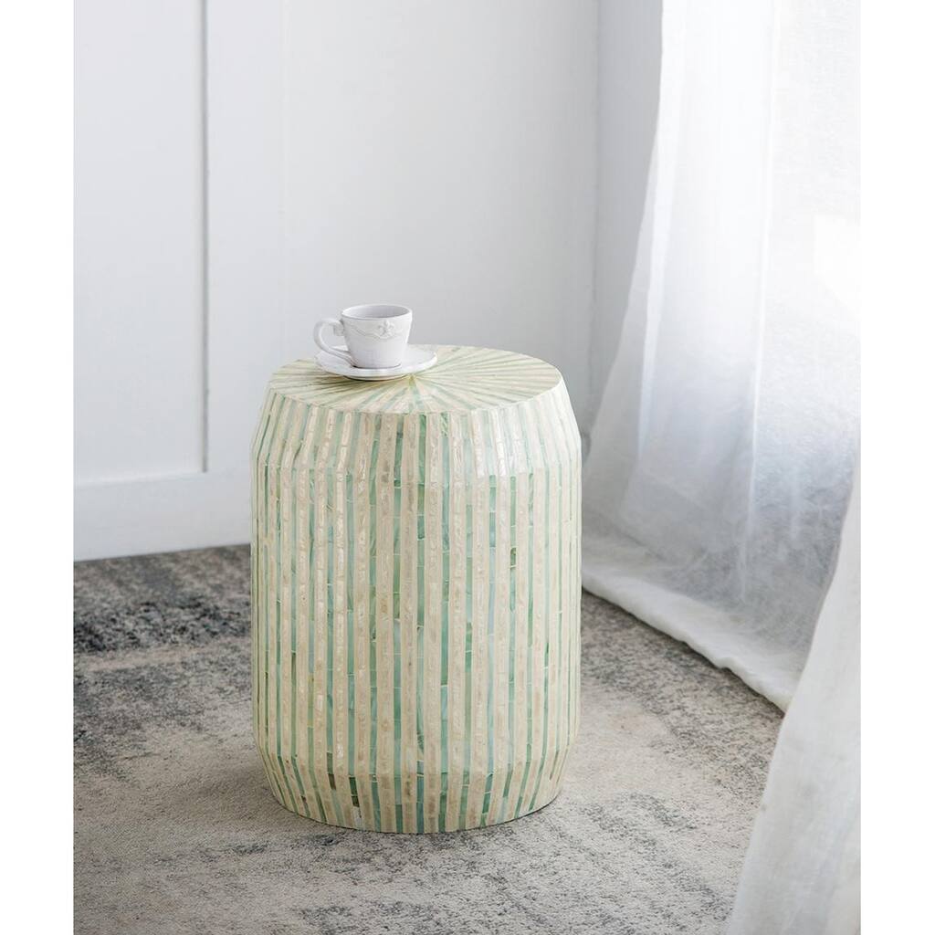 Cylinder Capiz Stool - Cream & Green Striped Design, End Table, Side Table - 14x14x18"