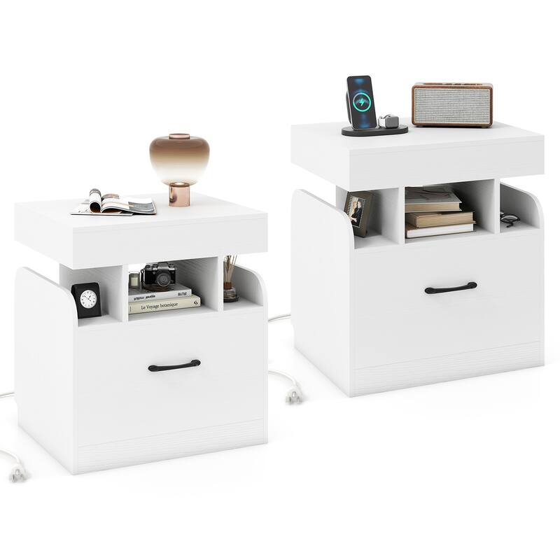 Gymax 2PCS Nightstand w/Charging Station Drawer Sliding Top Storage - White