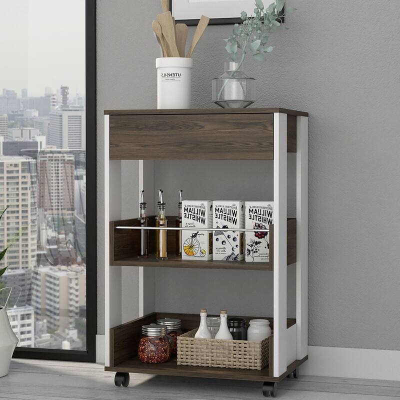 Mobile Kitchen Cart with 3 Shelves & 4 Casters, White & Dark Walnut, Versatile Storage Unit - Multicolor