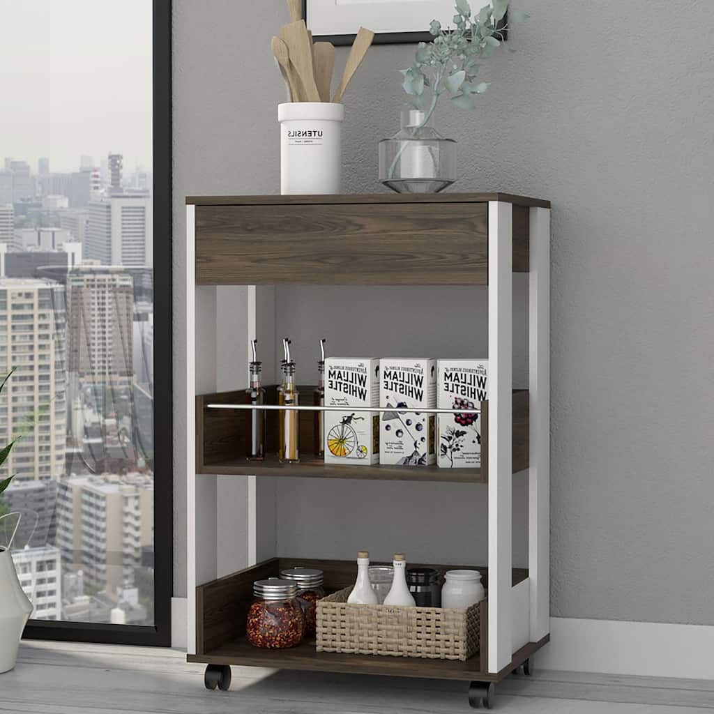 Mobile Kitchen Cart with 3 Shelves & 4 Casters, White & Dark Walnut, Versatile Storage Unit