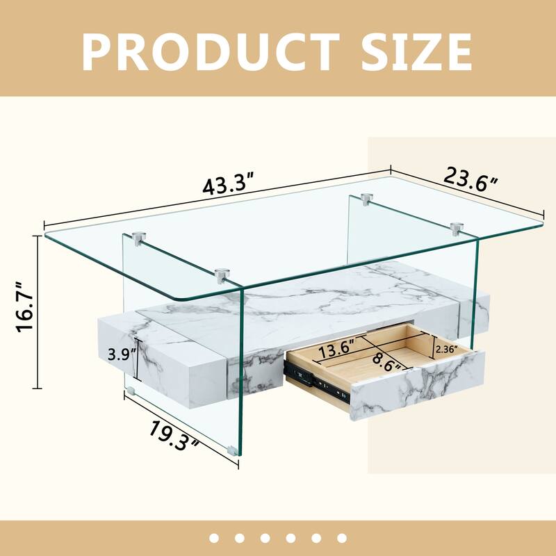 43.3 Inch Double Layer Coffee Table Storage Side Table with Open Storage Shelves, Drawers Glass Center Table End Table