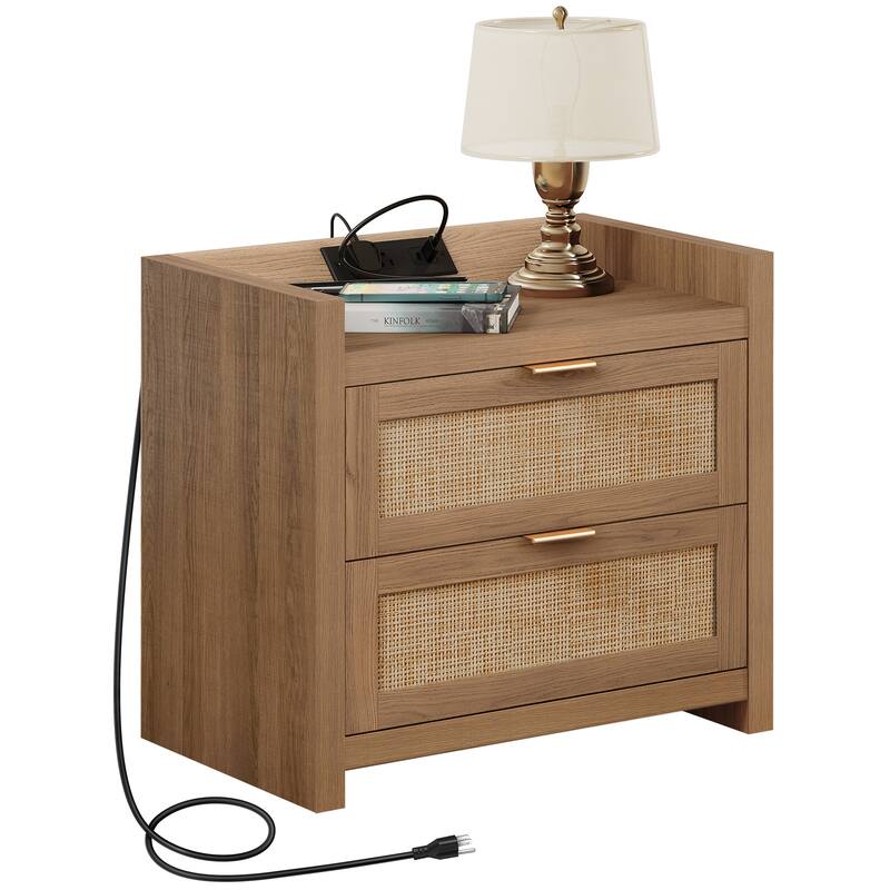 Farmhouse Nightstand with Charging Station and Drawers